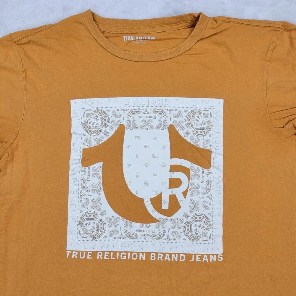 True Religion Shirt‎ Men Large Crewneck Biker Paisley Orange Brand Jeans Adult